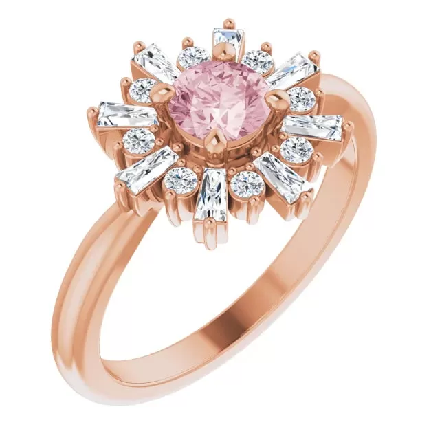 Natural Morganite Round & Baguette Diamond Halo Ring