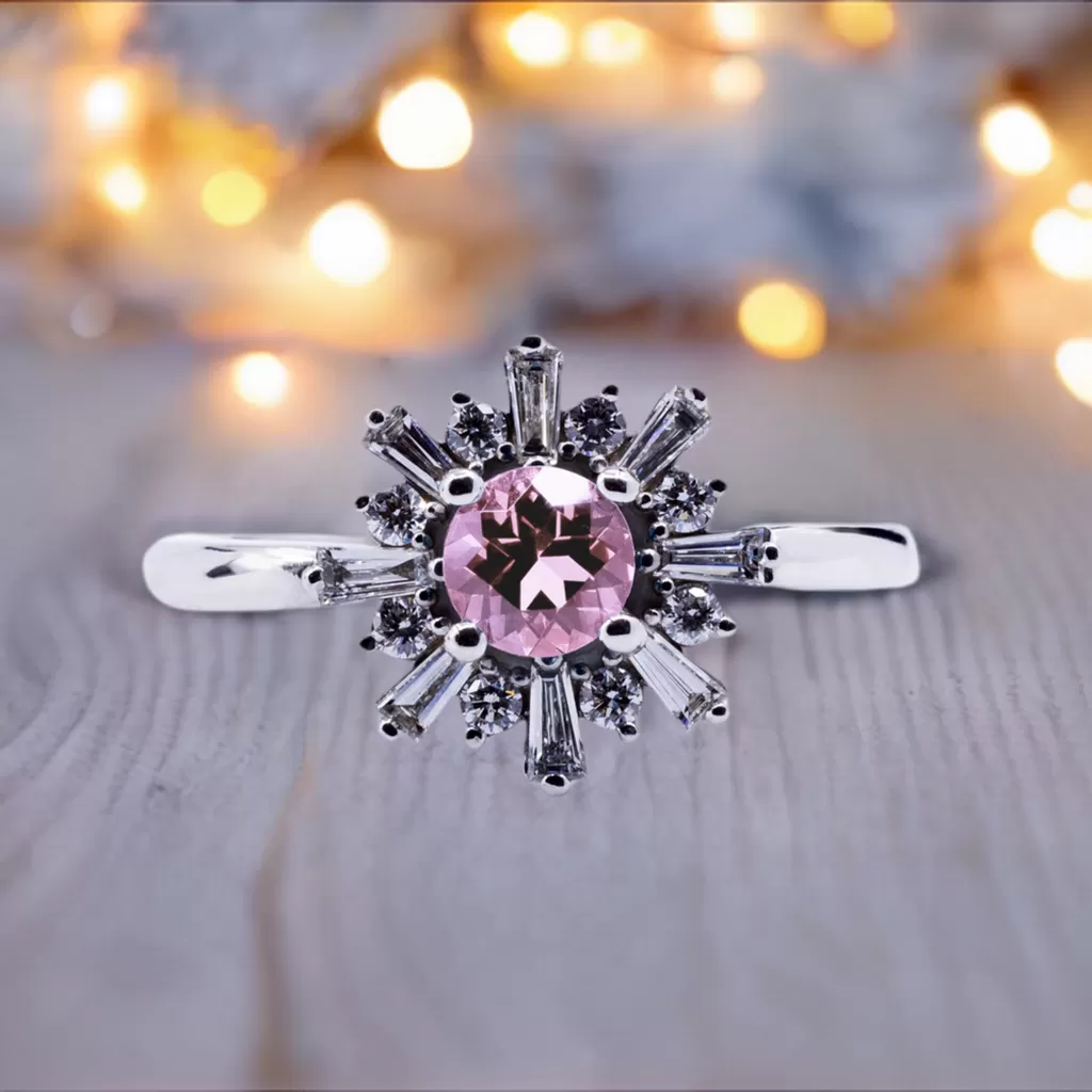 Natural Morganite Round & Baguette Diamond Halo Ring