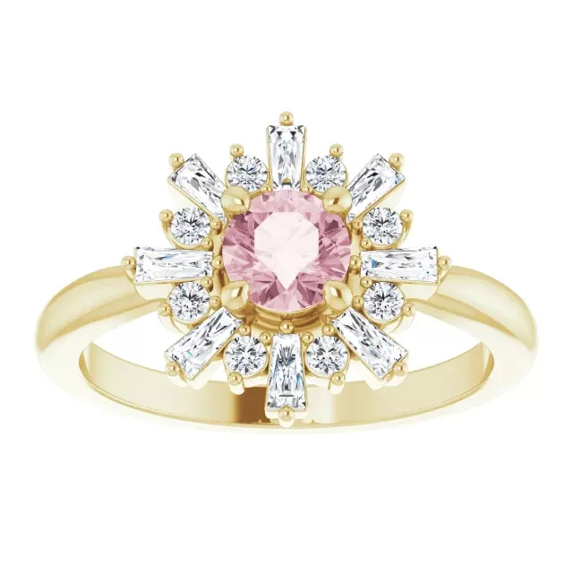 Natural Morganite Round & Baguette Diamond Halo Ring