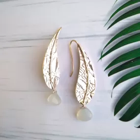 Pattern Brass Leaf with Chalcedony Drop Earrings