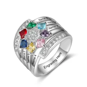 Personalized Mothers Ring with 7 Square Birthstones Zirconia Star Customized Engraving Family Name Rings for Women Gift