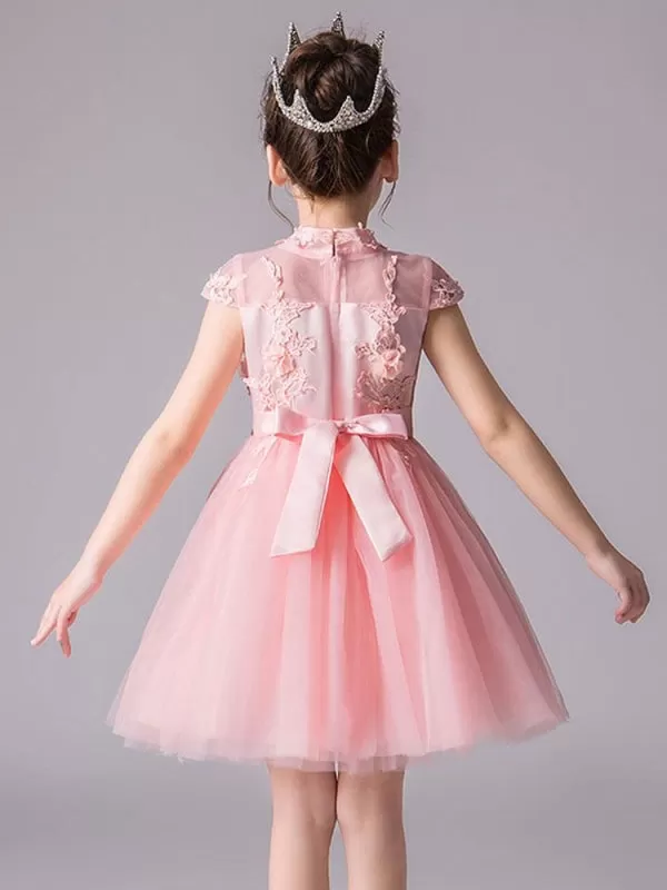 Pink Kids Birthday Party Dresses Flower Girl Dresses Neckline Sleeveless Bows