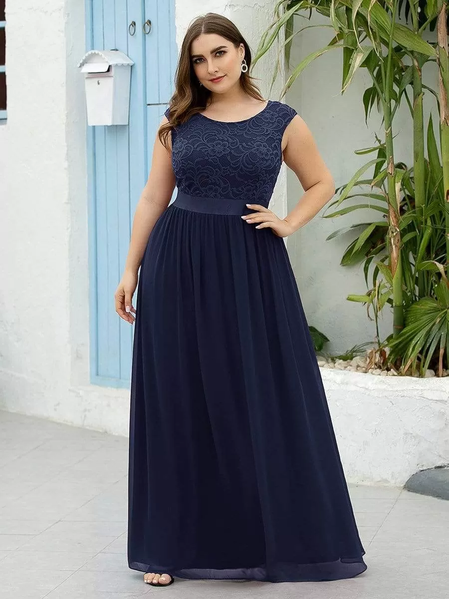 Plus Size Classic Round Neck V Back A-Line Chiffon Bridesmaid Dresses with Lace