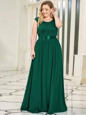 Plus Size Classic Round Neck V Back A-Line Chiffon Bridesmaid Dresses with Lace