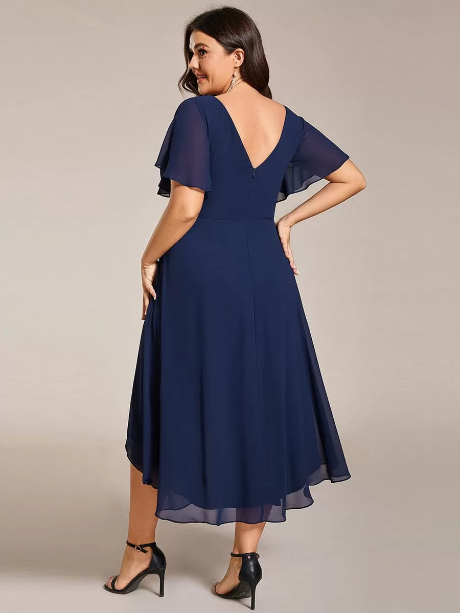 Plus Size Double V-Neck Ruffles Sleeve Chiffon Midi Wedding Guest Dress