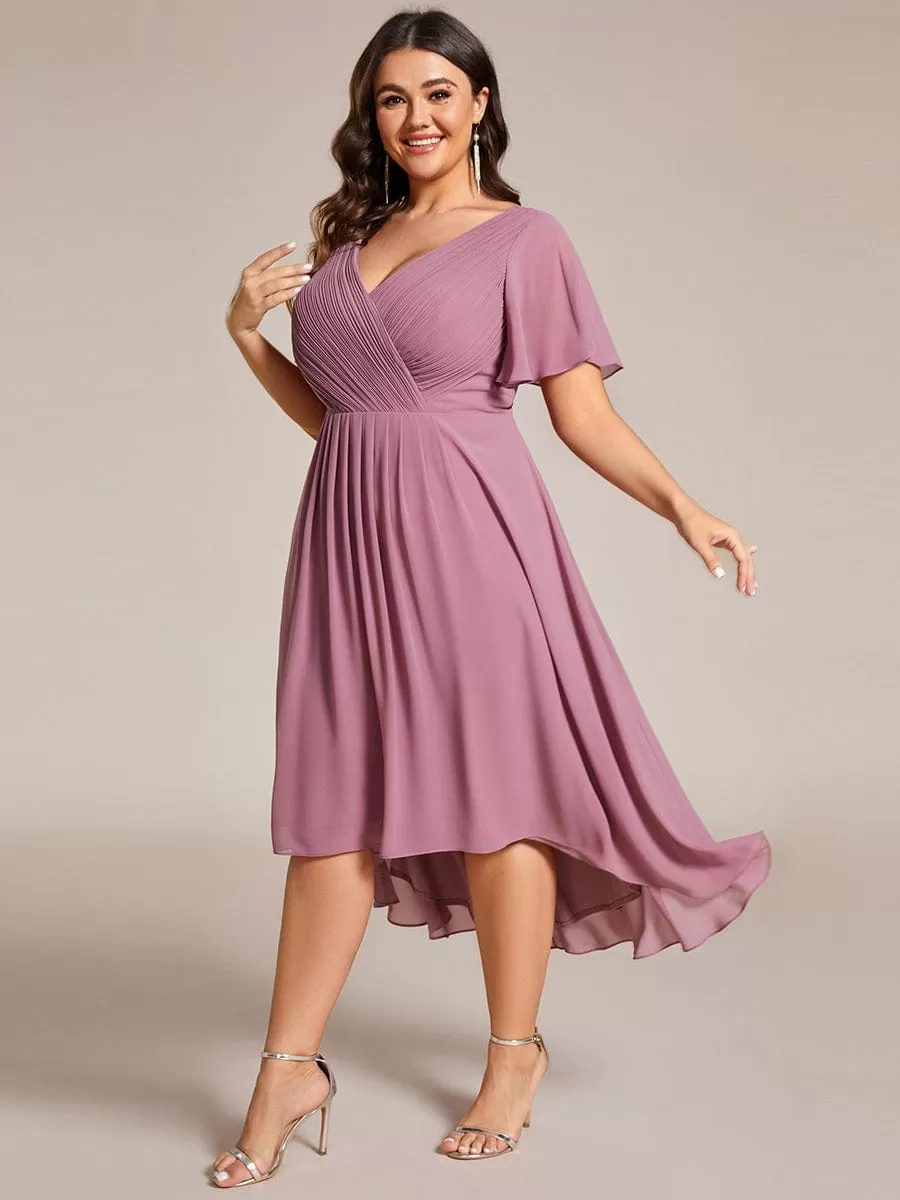 Plus Size Double V-Neck Ruffles Sleeve Chiffon Midi Wedding Guest Dress