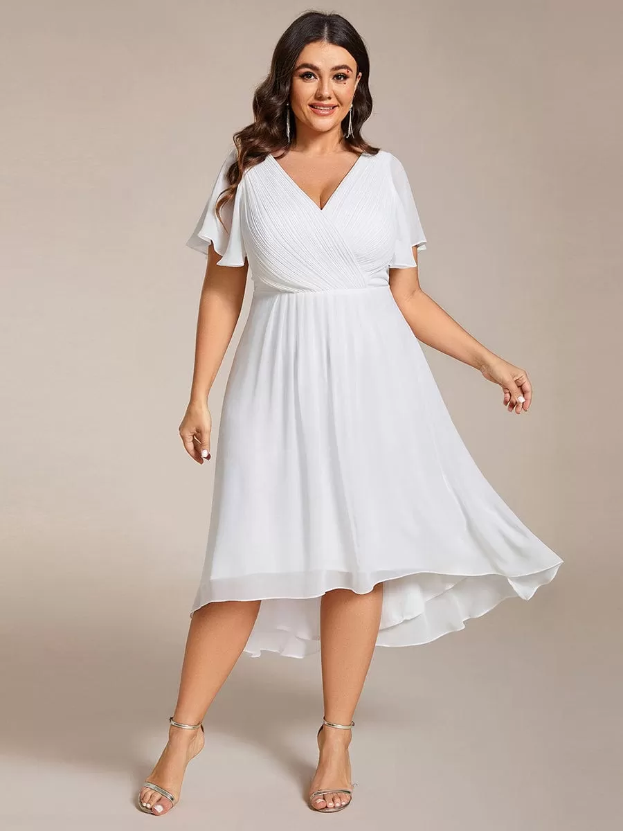 Plus Size Double V-Neck Ruffles Sleeve Chiffon Midi Wedding Guest Dress