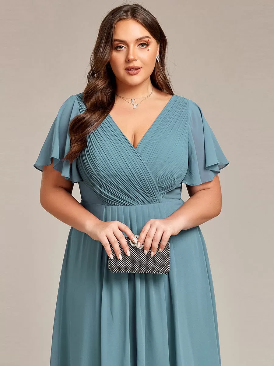 Plus Size Double V-Neck Ruffles Sleeve Chiffon Midi Wedding Guest Dress