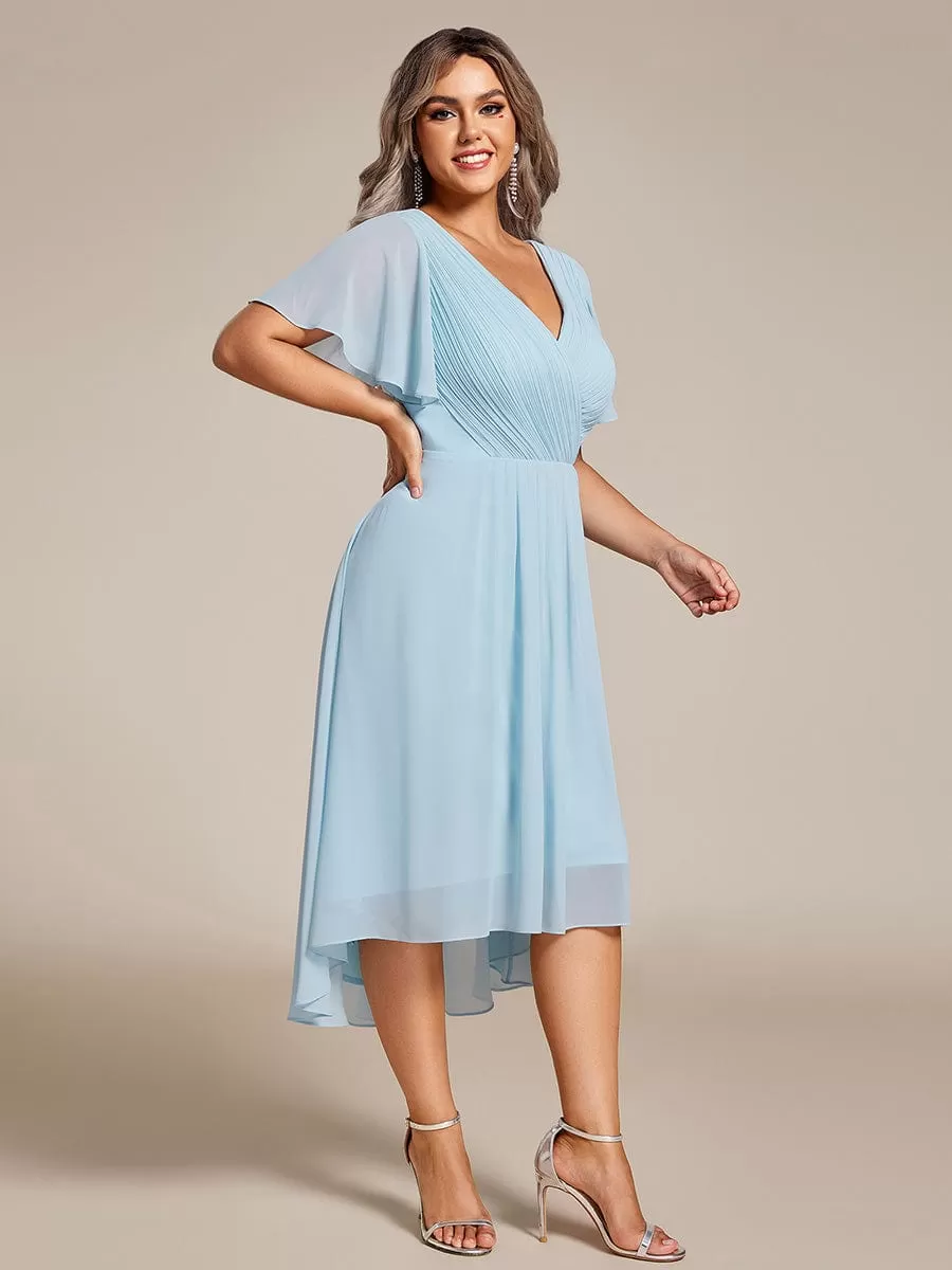 Plus Size Double V-Neck Ruffles Sleeve Chiffon Midi Wedding Guest Dress