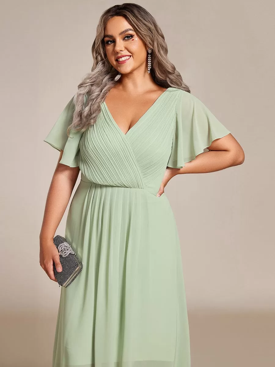 Plus Size Double V-Neck Ruffles Sleeve Chiffon Midi Wedding Guest Dress