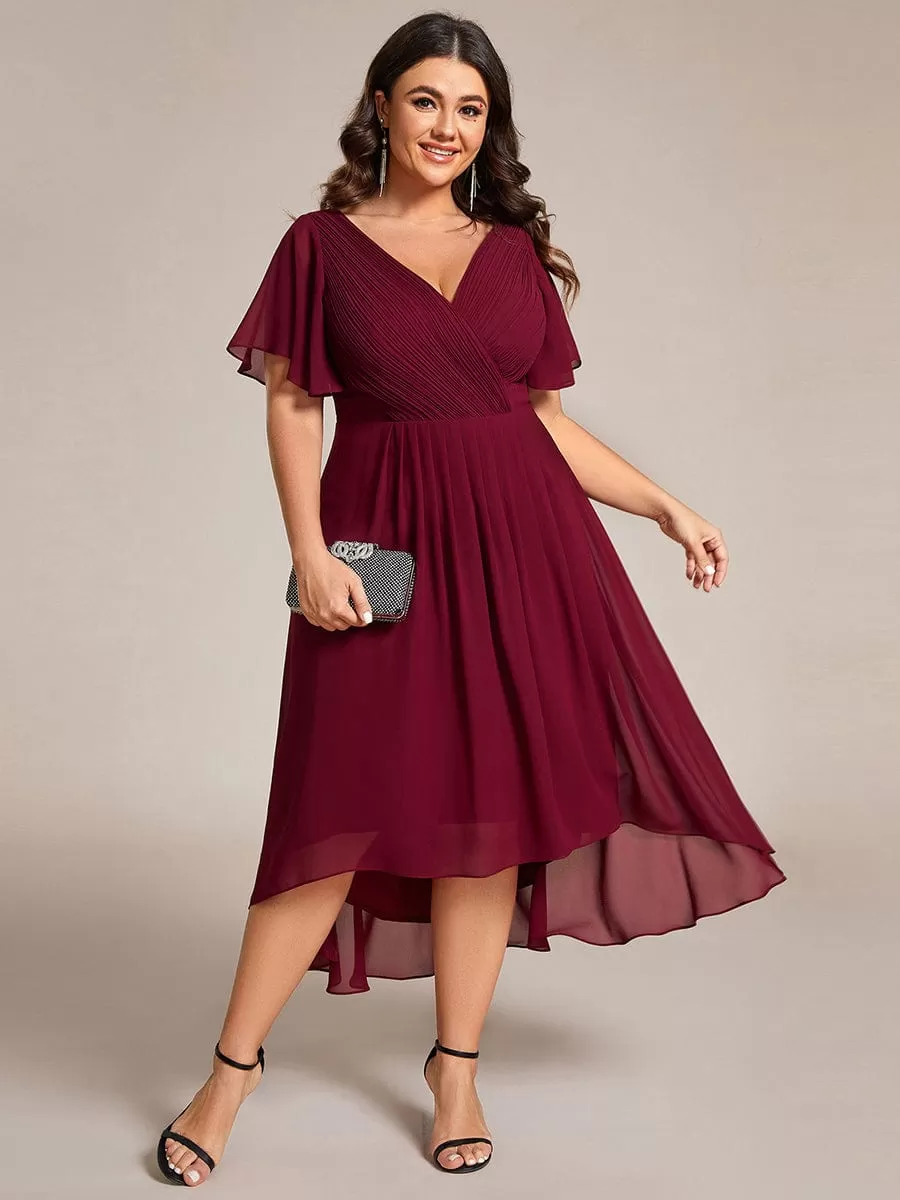 Plus Size Double V-Neck Ruffles Sleeve Chiffon Midi Wedding Guest Dress