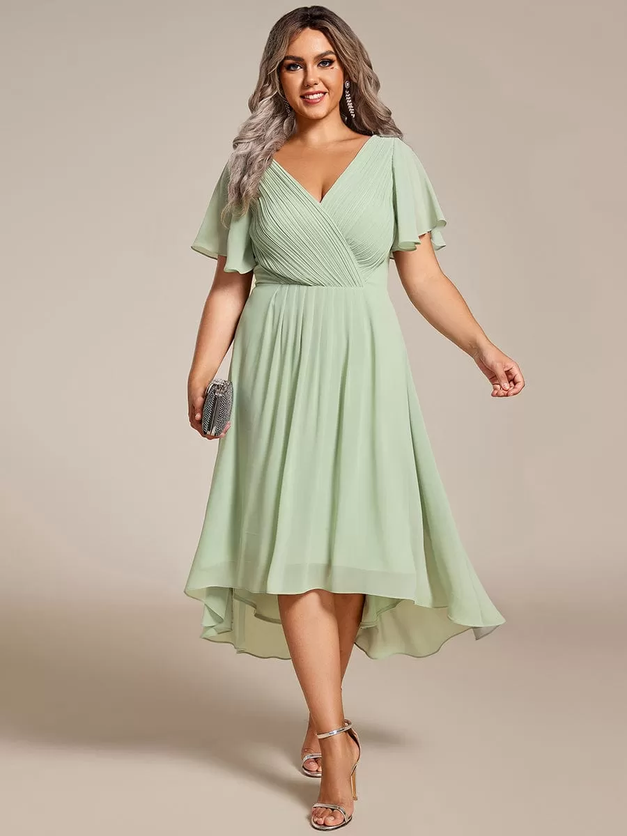 Plus Size Double V-Neck Ruffles Sleeve Chiffon Midi Wedding Guest Dress