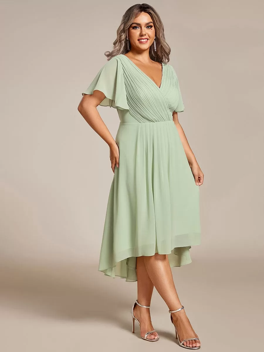 Plus Size Double V-Neck Ruffles Sleeve Chiffon Midi Wedding Guest Dress