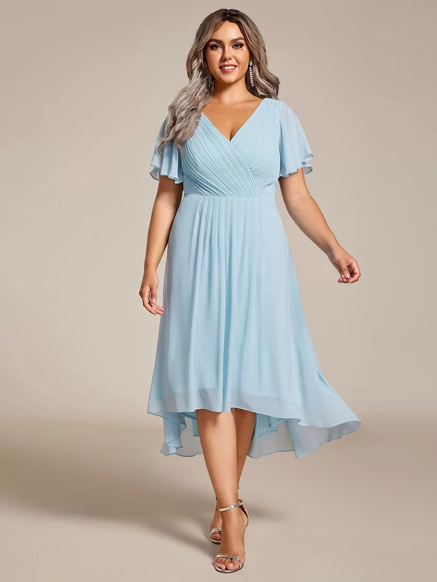 Plus Size Double V-Neck Ruffles Sleeve Chiffon Midi Wedding Guest Dress