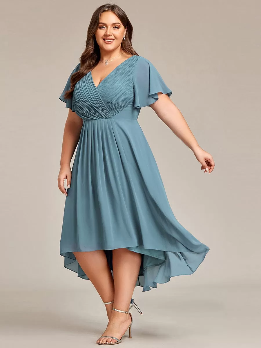 Plus Size Double V-Neck Ruffles Sleeve Chiffon Midi Wedding Guest Dress