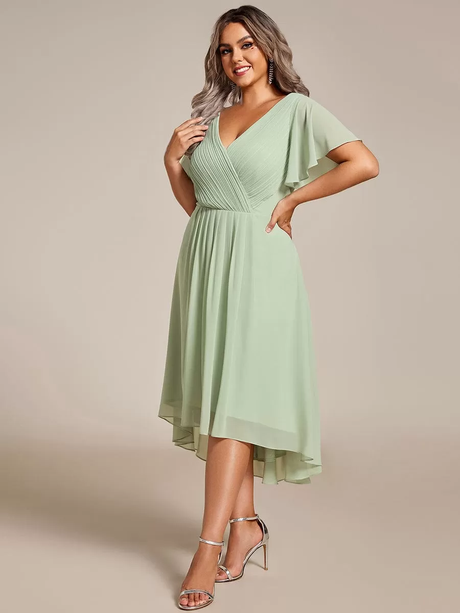 Plus Size Double V-Neck Ruffles Sleeve Chiffon Midi Wedding Guest Dress