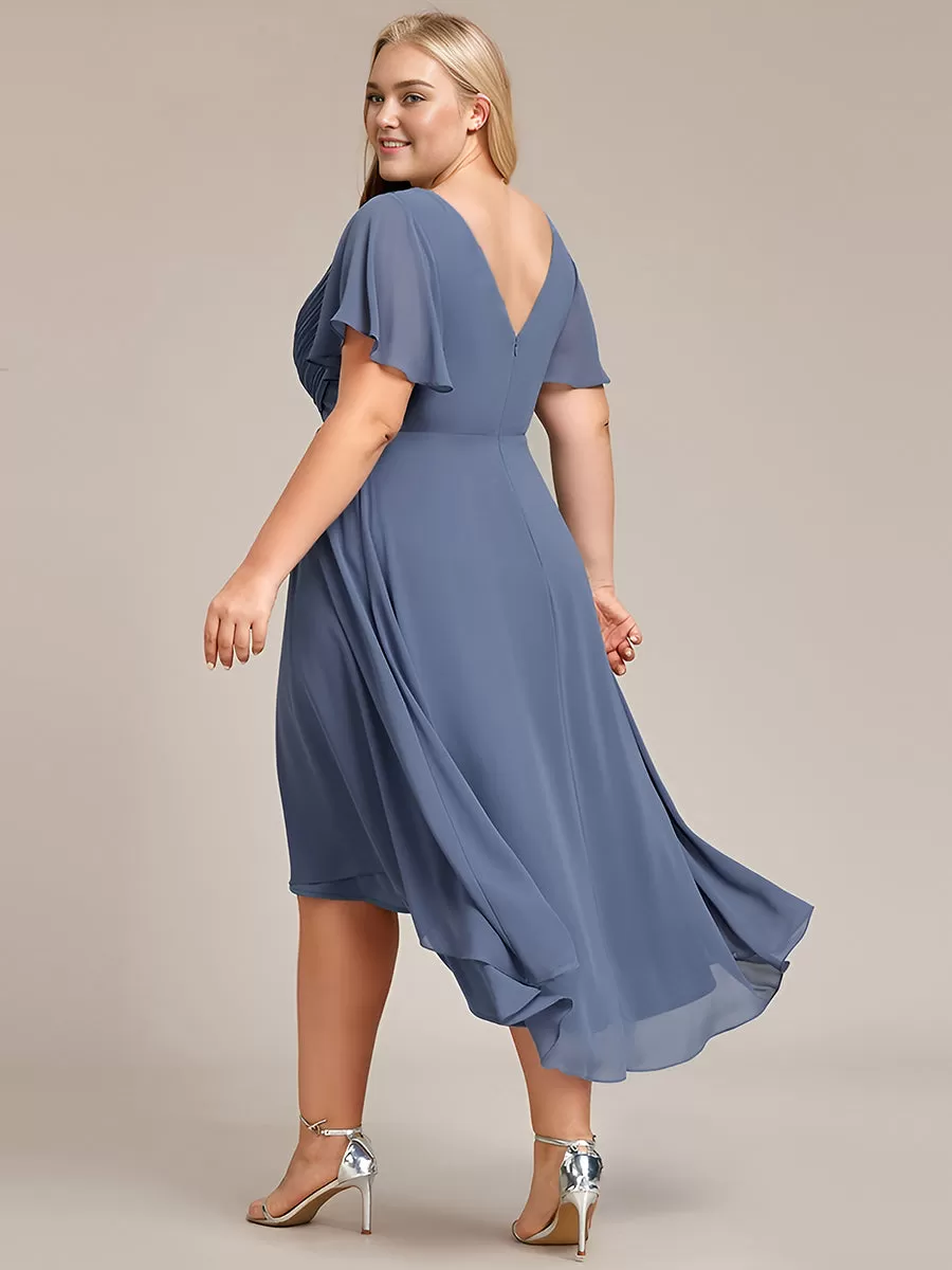 Plus Size Double V-Neck Ruffles Sleeve Chiffon Midi Wedding Guest Dress