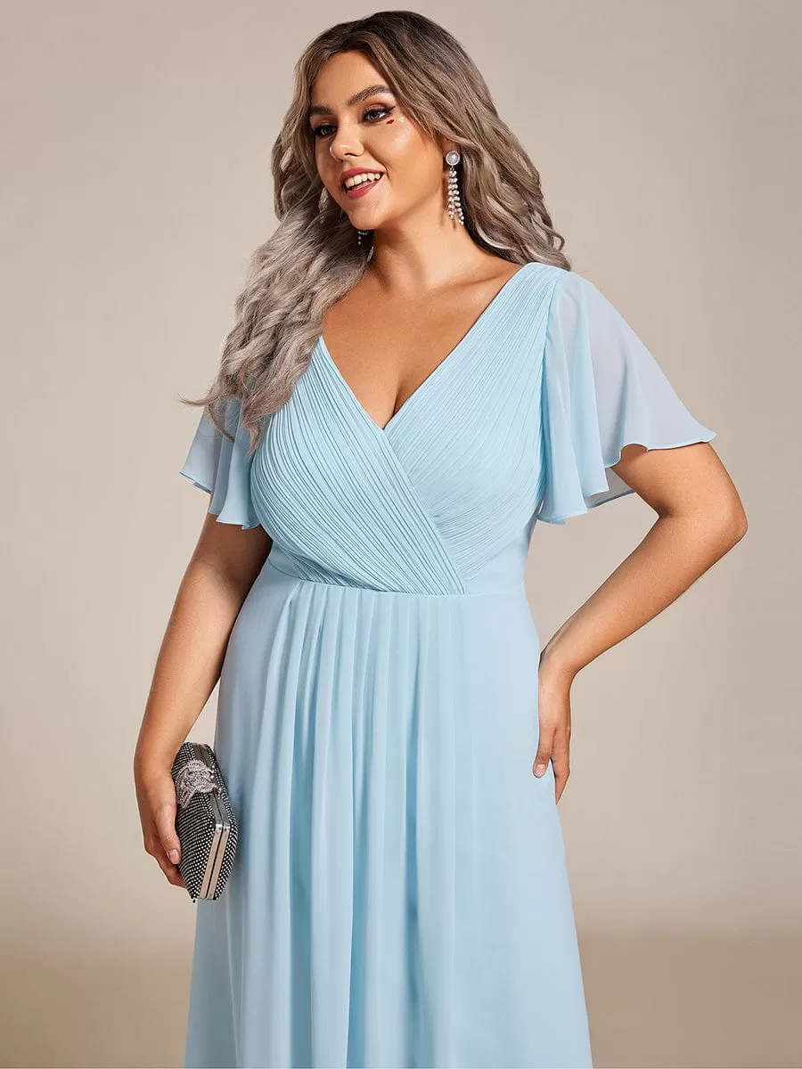 Plus Size Double V-Neck Ruffles Sleeve Chiffon Midi Wedding Guest Dress