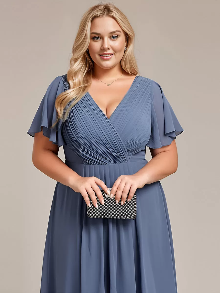 Plus Size Double V-Neck Ruffles Sleeve Chiffon Midi Wedding Guest Dress