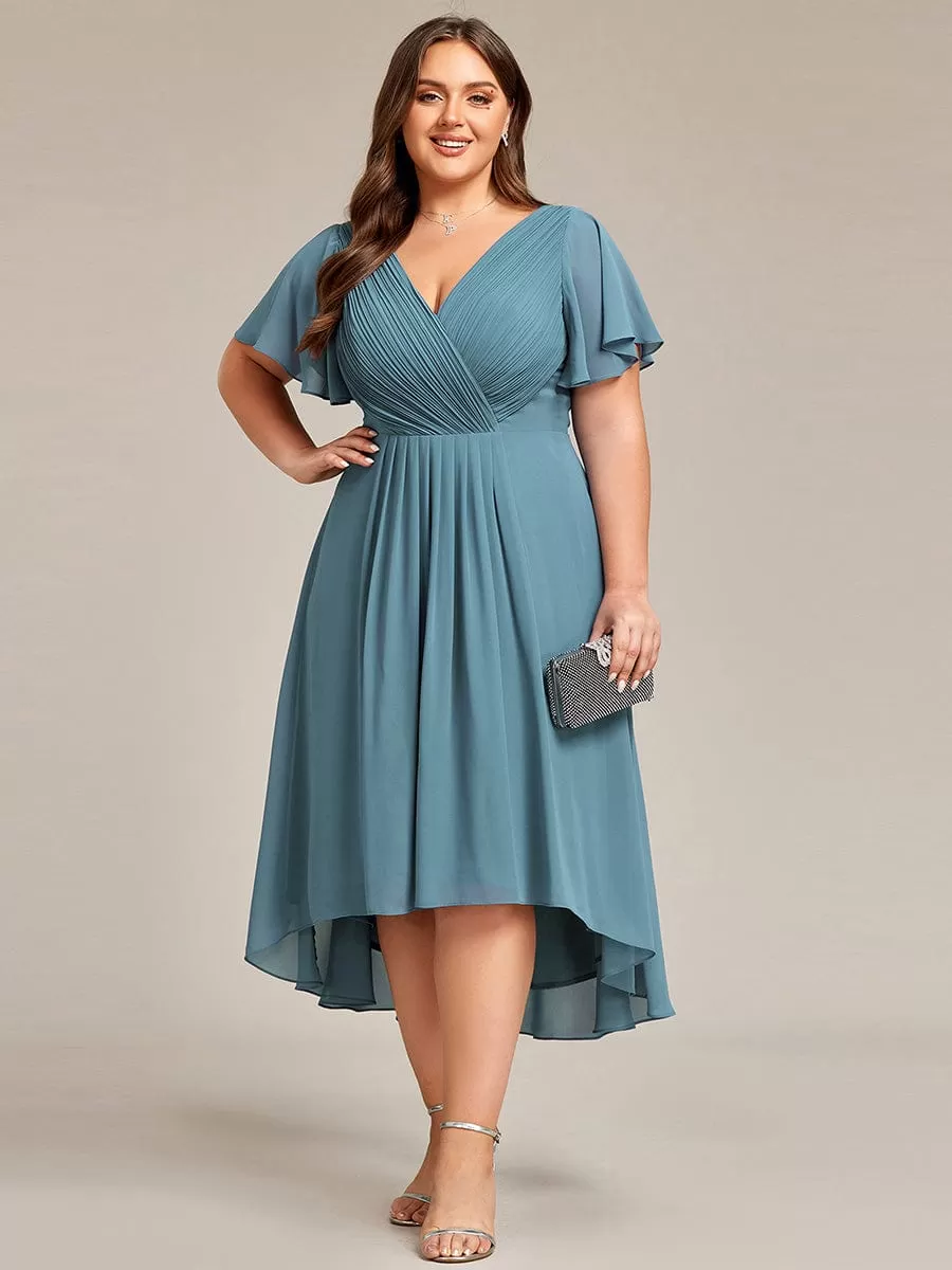 Plus Size Double V-Neck Ruffles Sleeve Chiffon Midi Wedding Guest Dress