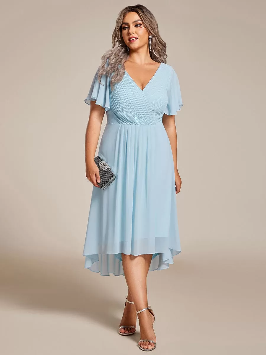 Plus Size Double V-Neck Ruffles Sleeve Chiffon Midi Wedding Guest Dress