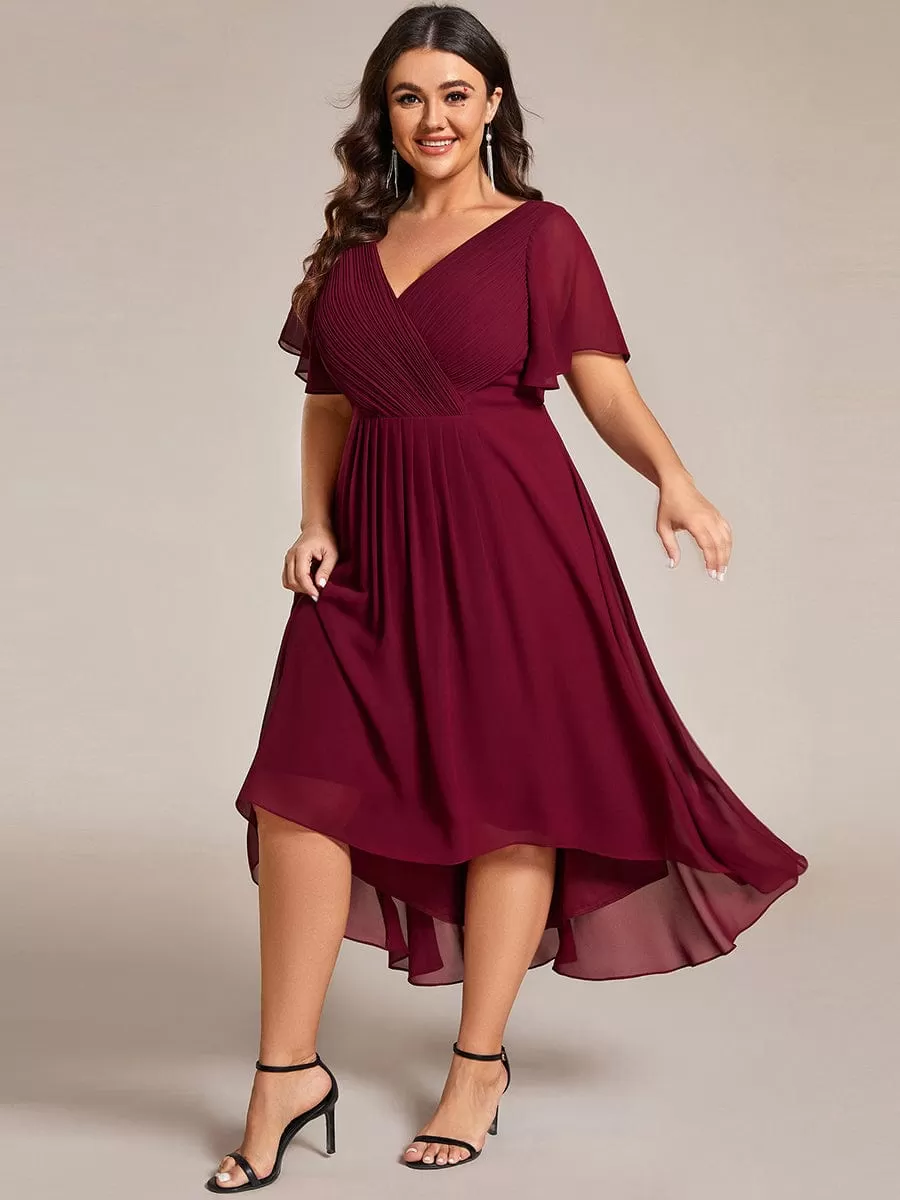 Plus Size Double V-Neck Ruffles Sleeve Chiffon Midi Wedding Guest Dress