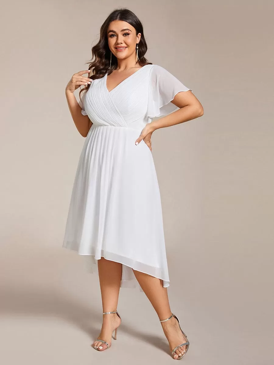 Plus Size Double V-Neck Ruffles Sleeve Chiffon Midi Wedding Guest Dress