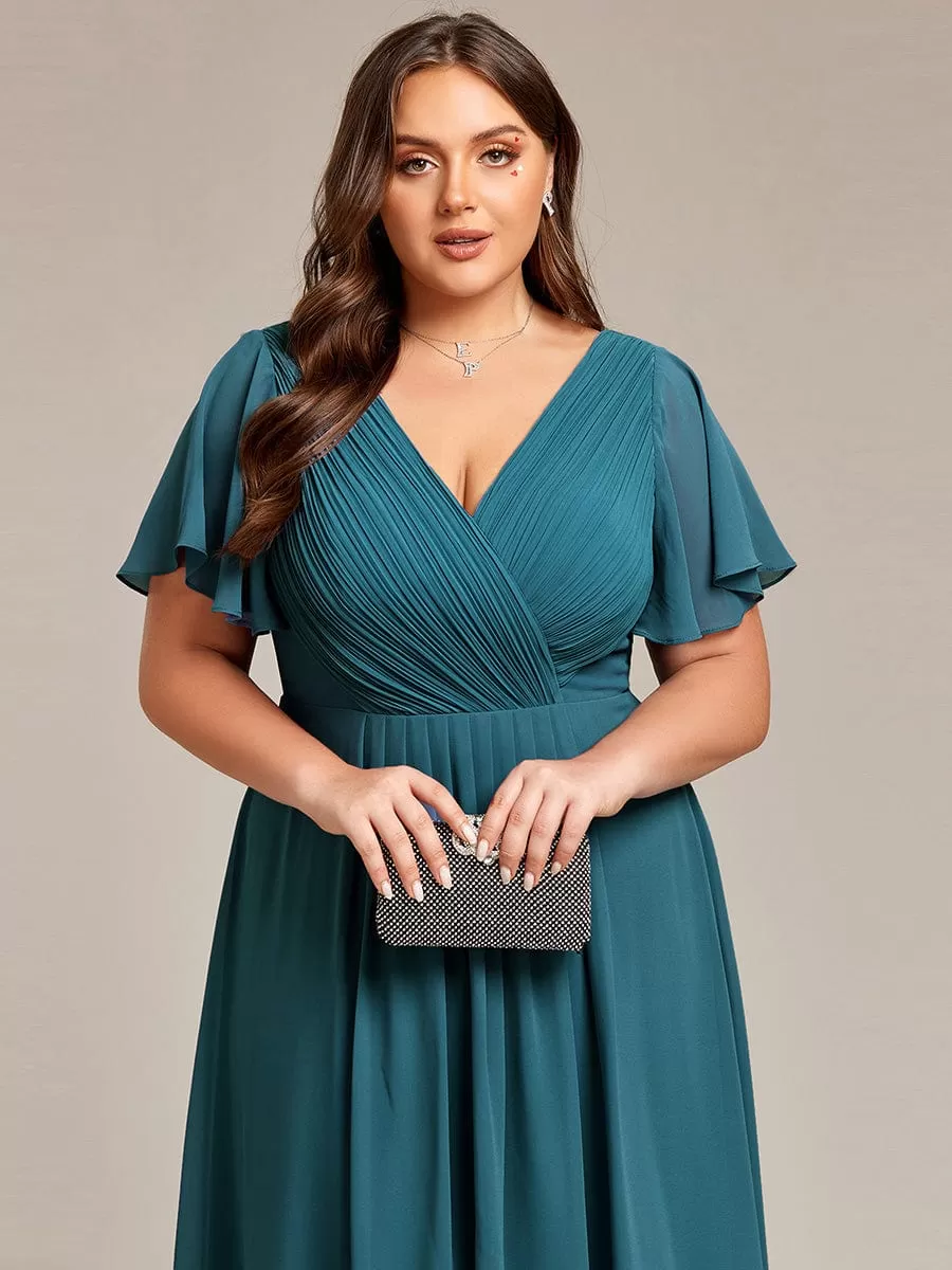 Plus Size Double V-Neck Ruffles Sleeve Chiffon Midi Wedding Guest Dress