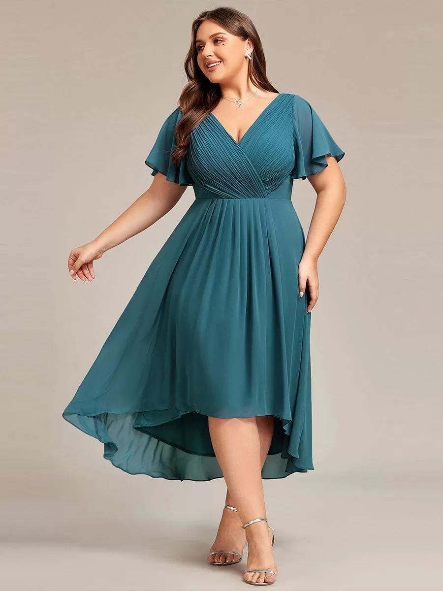 Plus Size Double V-Neck Ruffles Sleeve Chiffon Midi Wedding Guest Dress