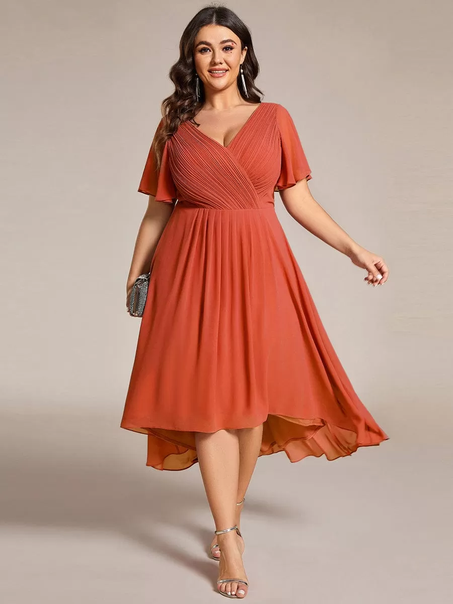 Plus Size Double V-Neck Ruffles Sleeve Chiffon Midi Wedding Guest Dress