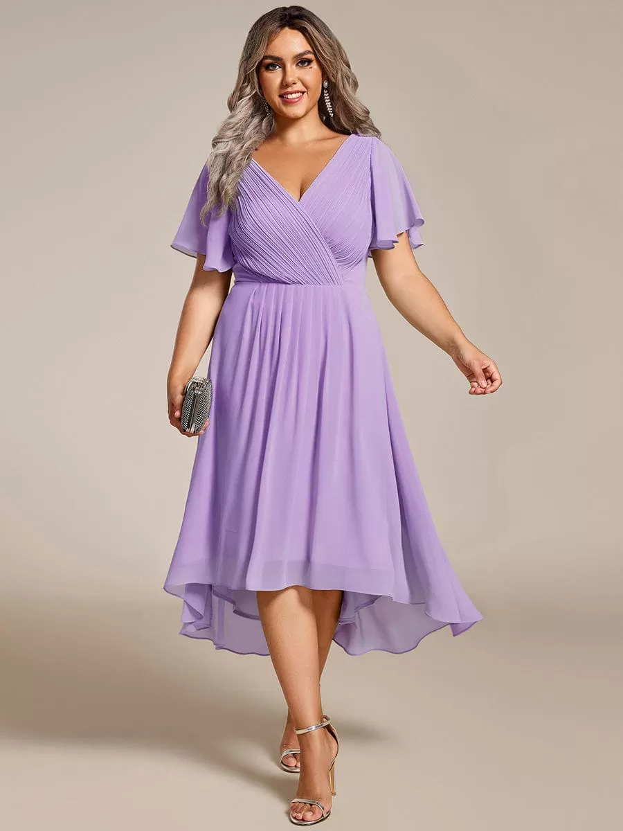 Plus Size Double V-Neck Ruffles Sleeve Chiffon Midi Wedding Guest Dress