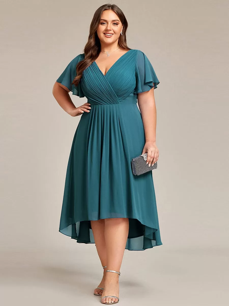 Plus Size Double V-Neck Ruffles Sleeve Chiffon Midi Wedding Guest Dress