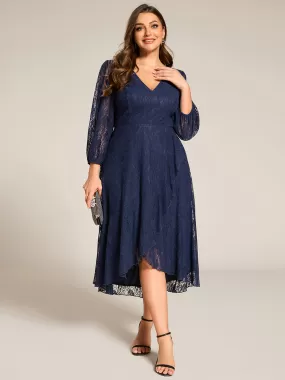 Plus Size Midi Long Lantern Sleeves V-Neck Lace Wedding Guest Dress