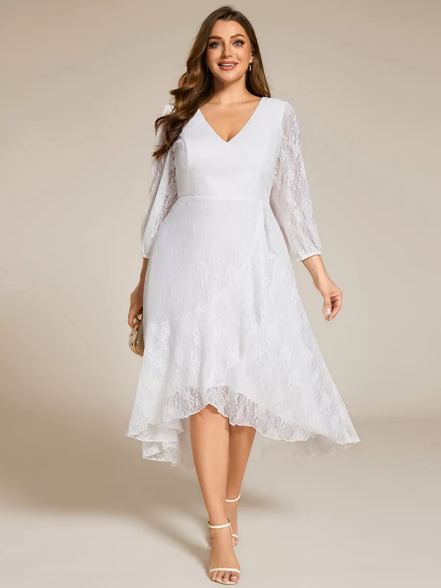 Plus Size Midi Long Lantern Sleeves V-Neck Lace Wedding Guest Dress