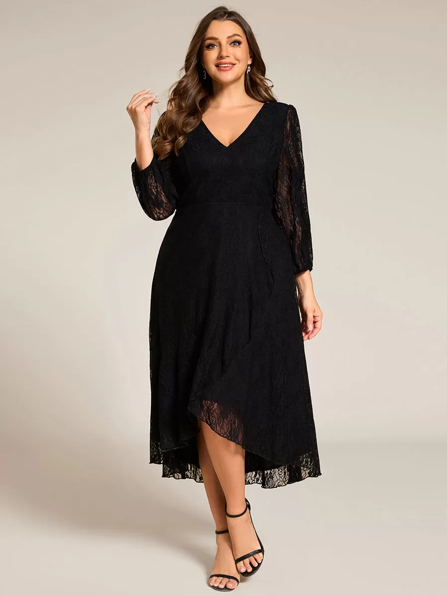 Plus Size Midi Long Lantern Sleeves V-Neck Lace Wedding Guest Dress