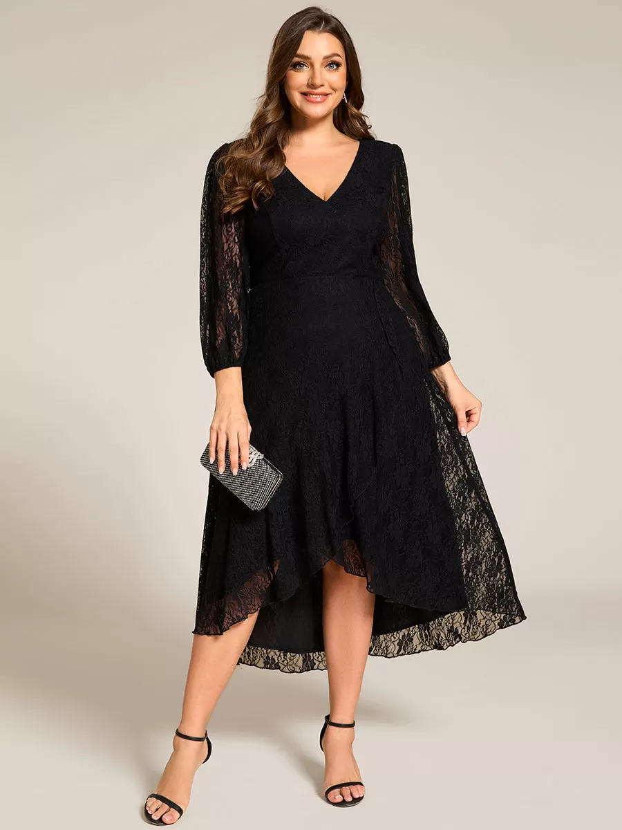 Plus Size Midi Long Lantern Sleeves V-Neck Lace Wedding Guest Dress