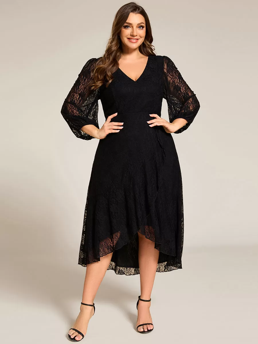 Plus Size Midi Long Lantern Sleeves V-Neck Lace Wedding Guest Dress