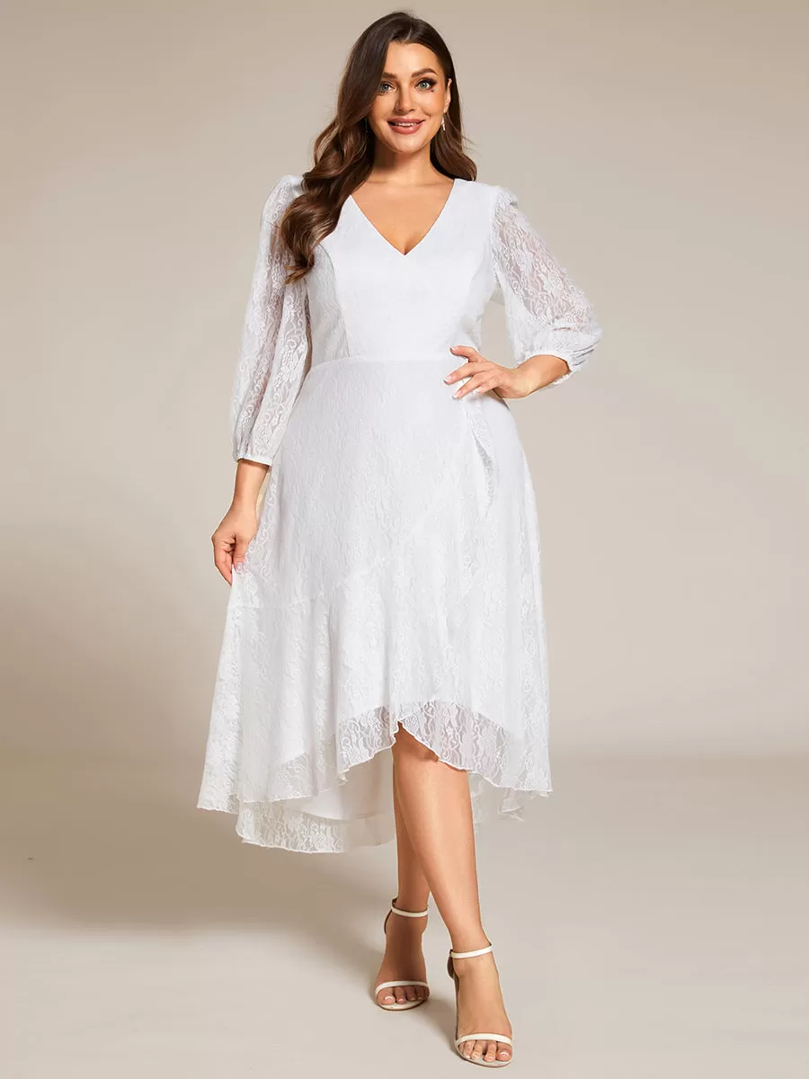 Plus Size Midi Long Lantern Sleeves V-Neck Lace Wedding Guest Dress