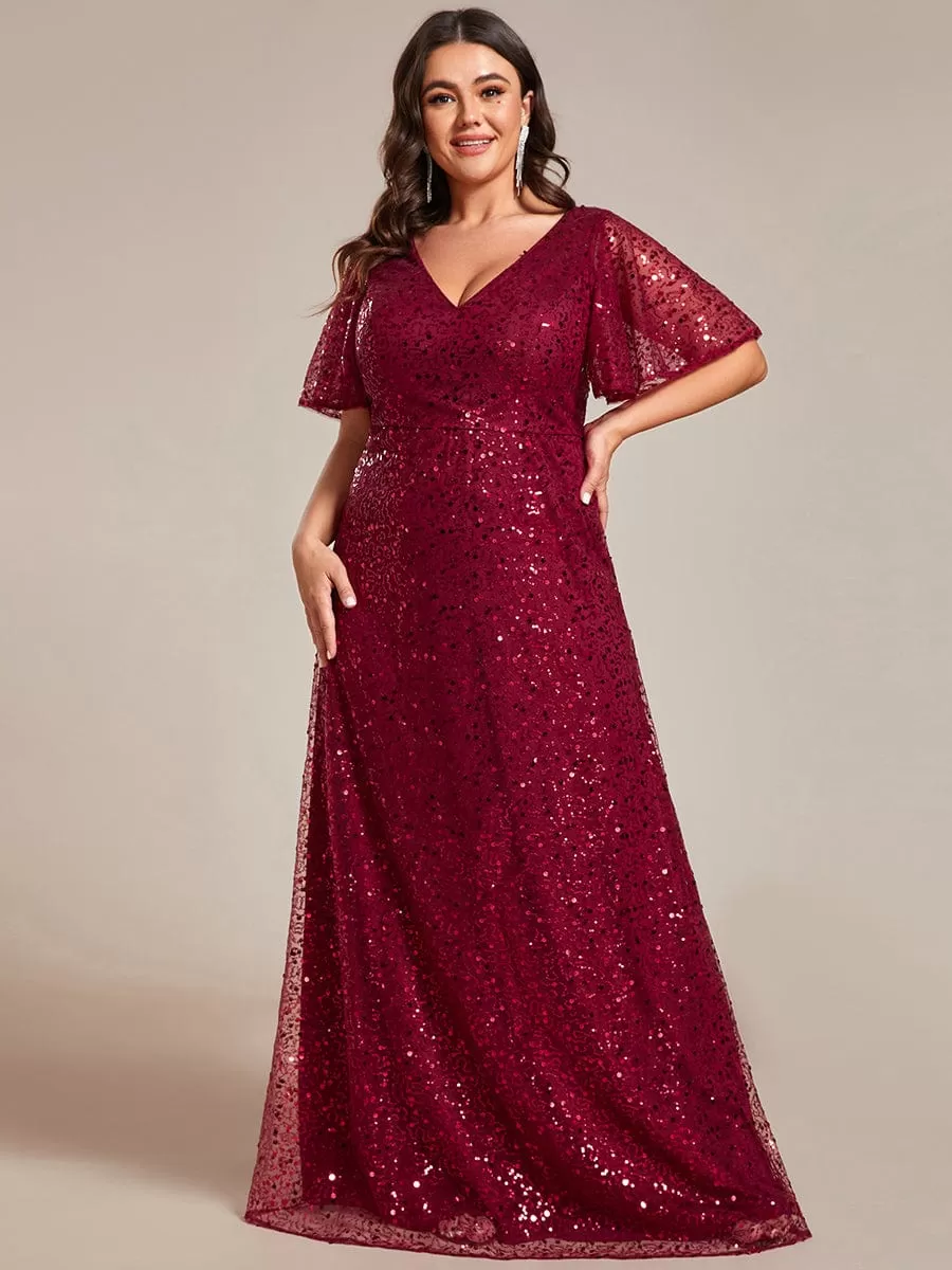 Plus Size See-Through Short Sleeves Maxi Sequin Formal Evening Dress