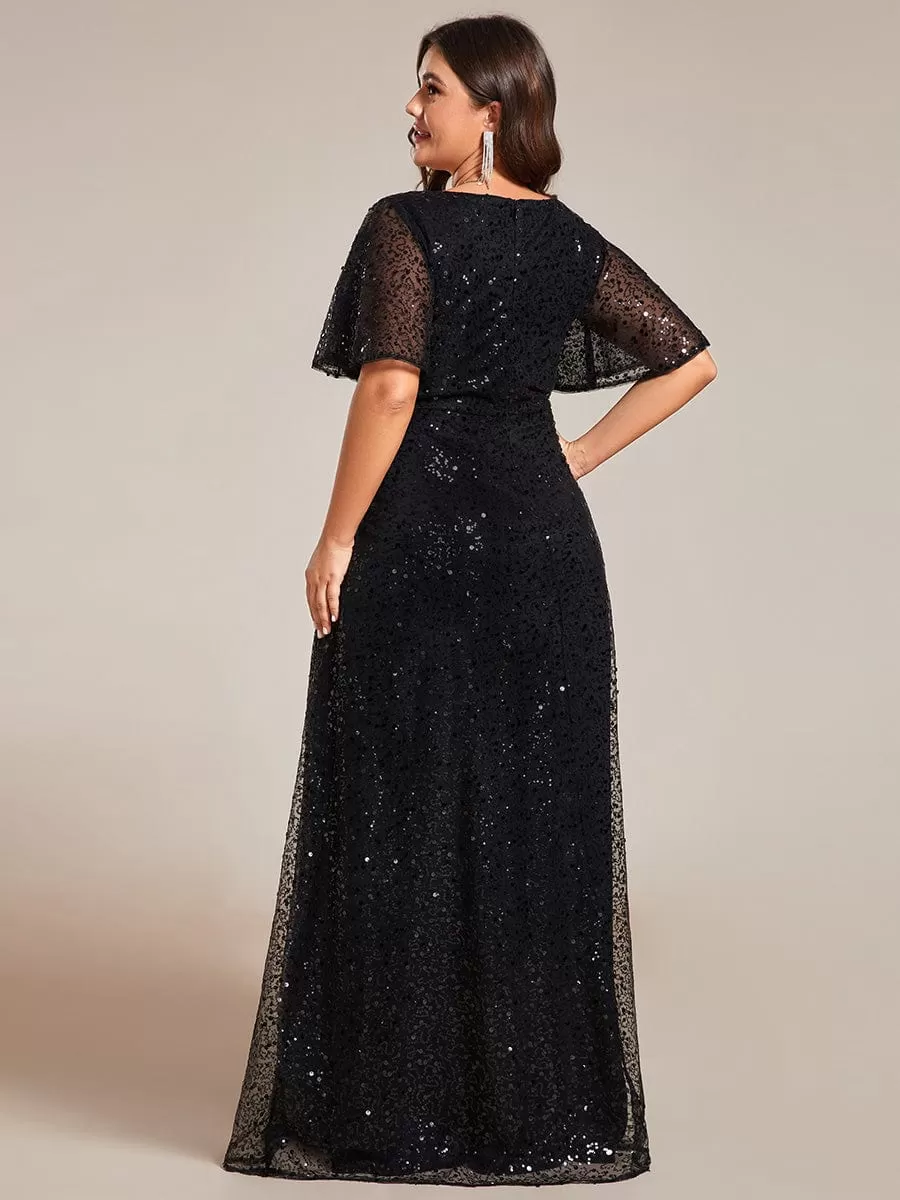 Plus Size See-Through Short Sleeves Maxi Sequin Formal Evening Dress