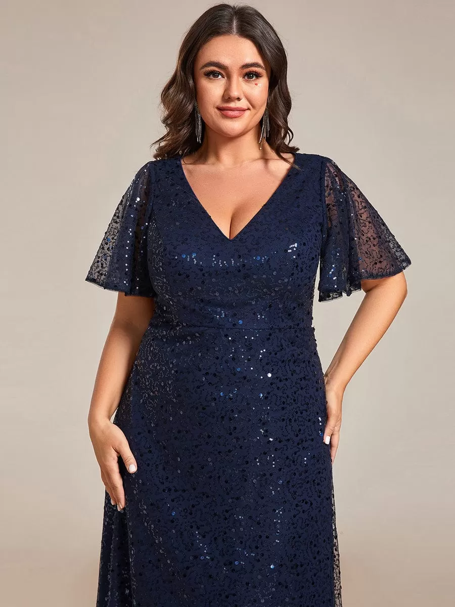 Plus Size See-Through Short Sleeves Maxi Sequin Formal Evening Dress