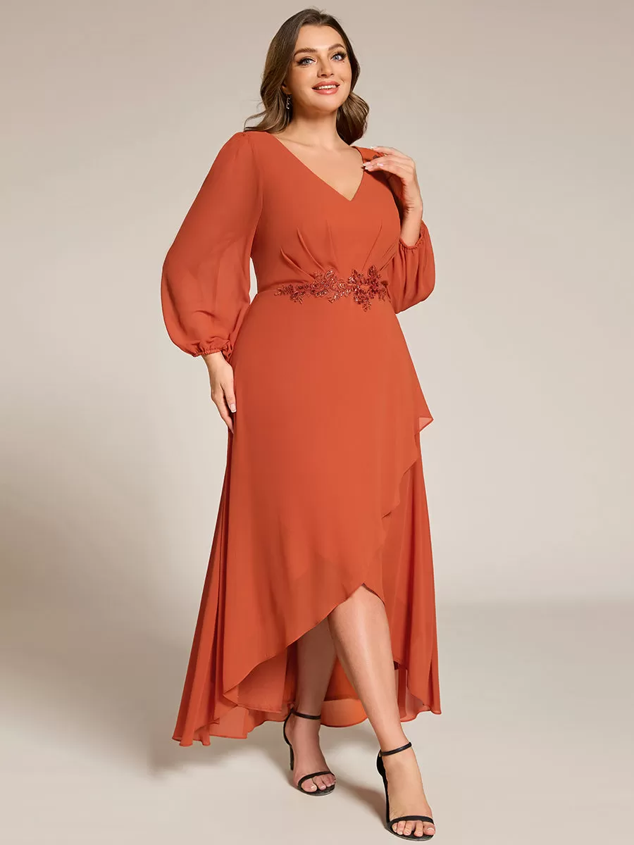 Plus Size V-Neck Long Sleeves Chiffon Formal Evening Dress with Applique