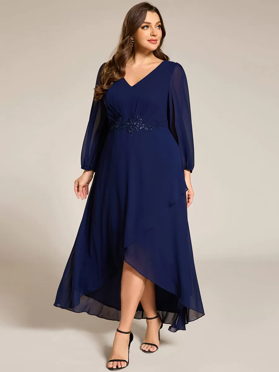 Plus Size V-Neck Long Sleeves Chiffon Formal Evening Dress with Applique