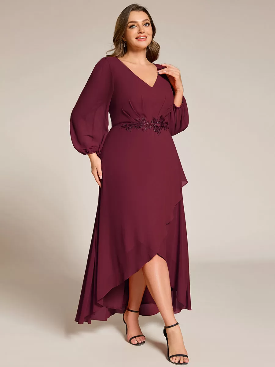 Plus Size V-Neck Long Sleeves Chiffon Formal Evening Dress with Applique