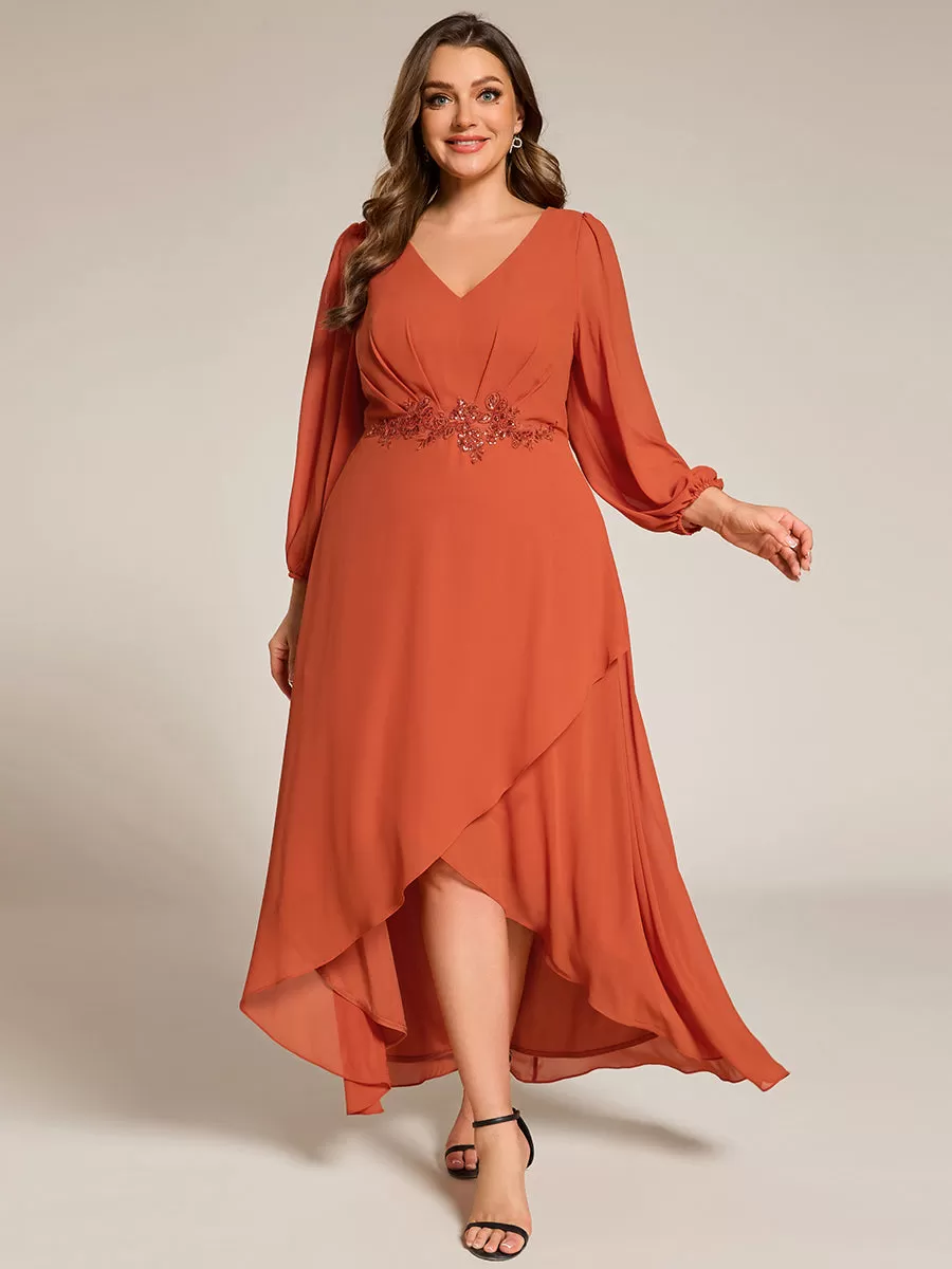 Plus Size V-Neck Long Sleeves Chiffon Formal Evening Dress with Applique