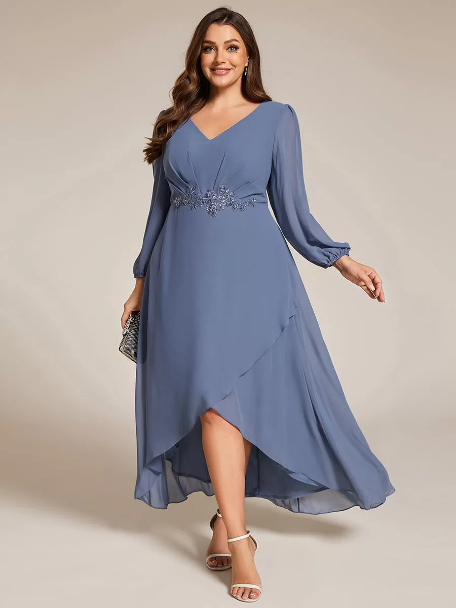 Plus Size V-Neck Long Sleeves Chiffon Formal Evening Dress with Applique