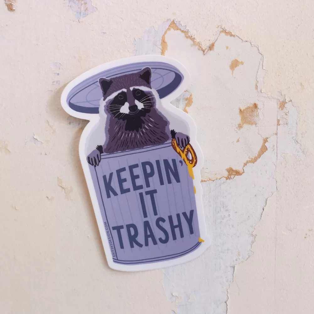 raccoon vinyl sticker, funny trash panda sticker, raccoon in a trashcan, Philadelphia souvenir, philly pretzel sticker