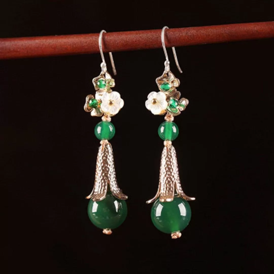 Retro Silver Green Ethnic Style Women Earrings