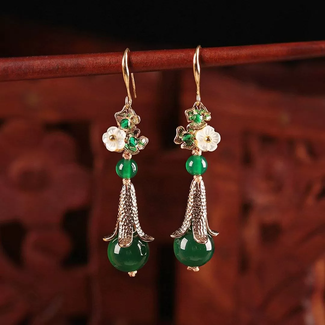 Retro Silver Green Ethnic Style Women Earrings