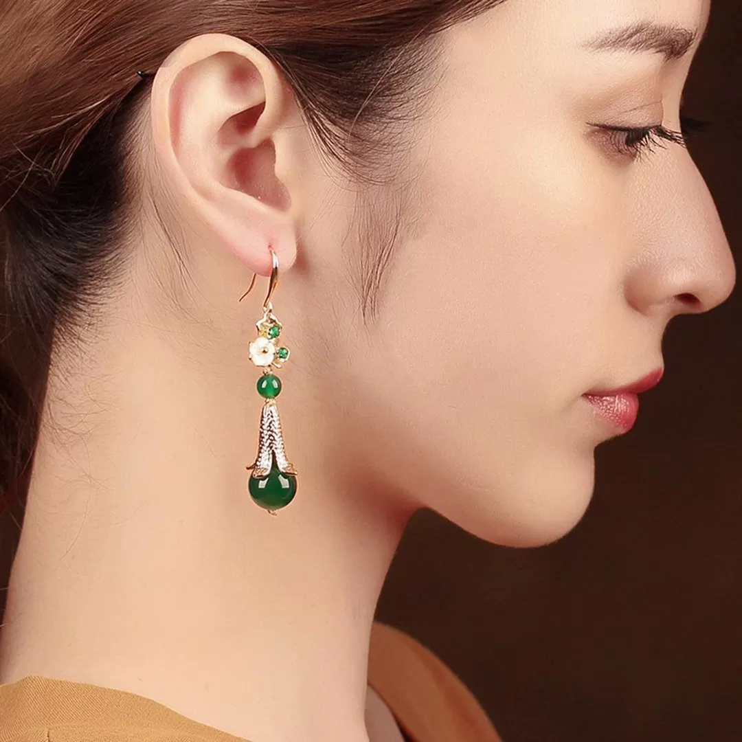 Retro Silver Green Ethnic Style Women Earrings